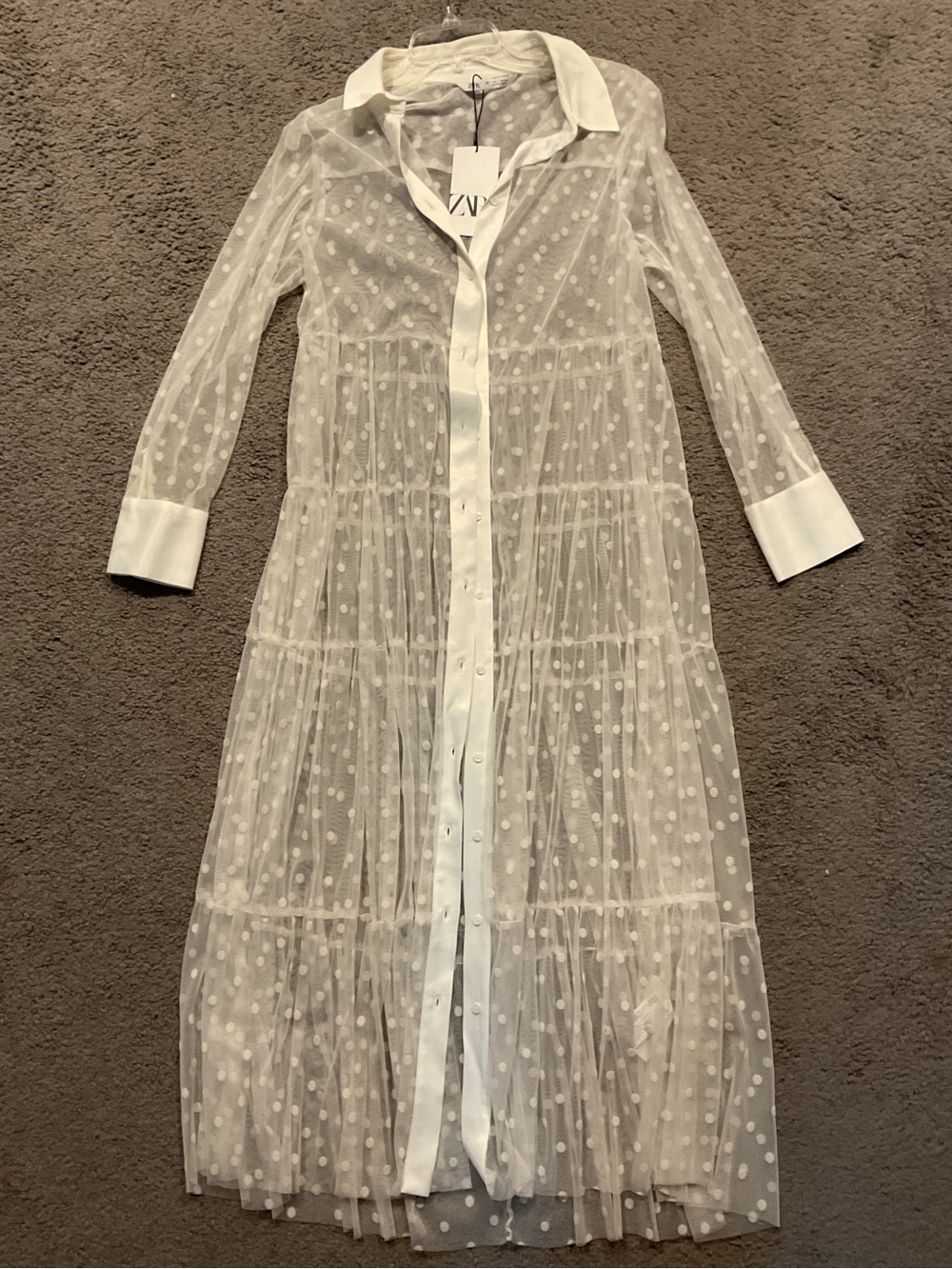 NWT Zara White Sheer Polka Dot Button Down Maxi Dress Duster Jacket Coverup sz L